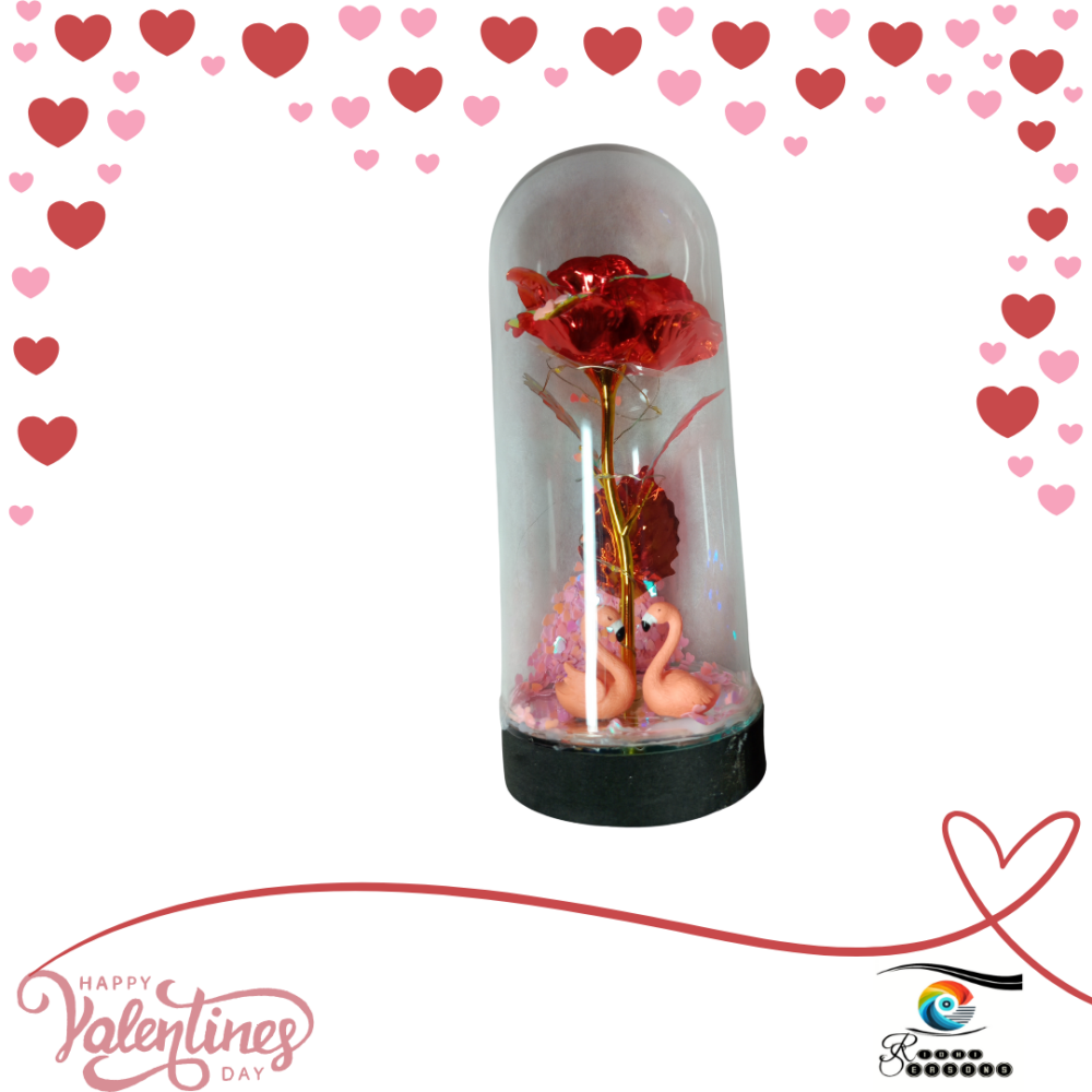 VD - ORNAMENT - Single Red Rose with Flamingo Couple in Glass