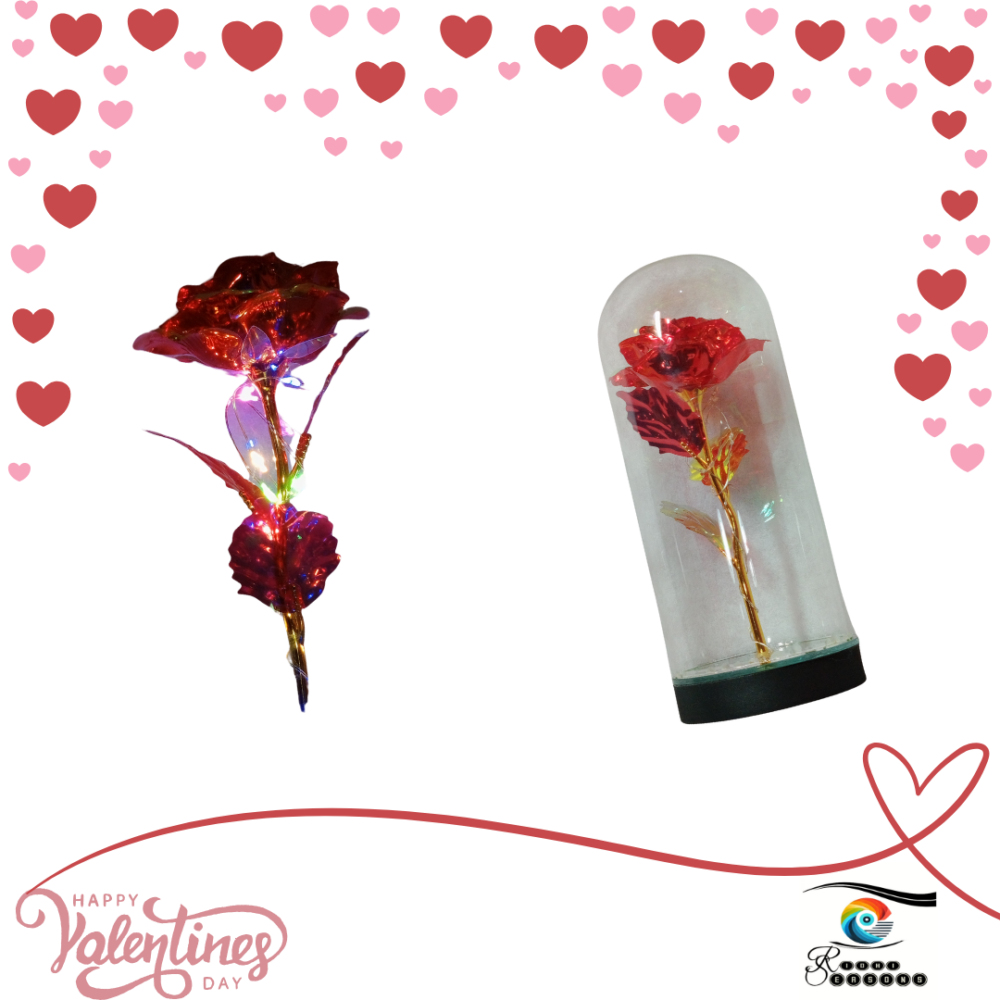 VD - ORNAMENT - Single Red Rose with Light in Glass